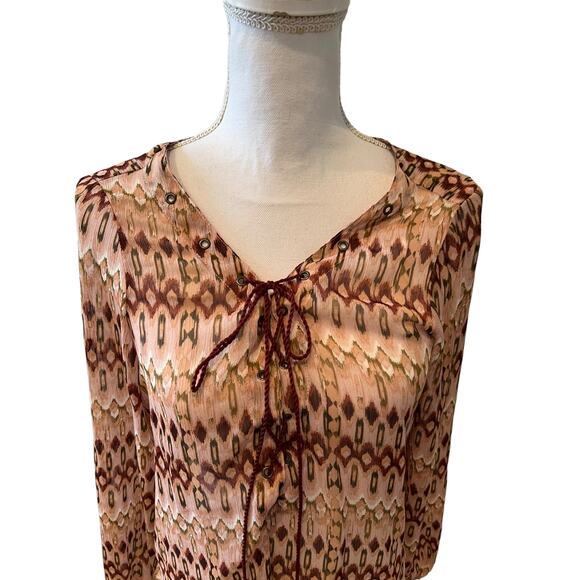 Jessica Simpson Chiffon Boho Print Long Sleeve Top Earth Tones M - Picture 2 of 7